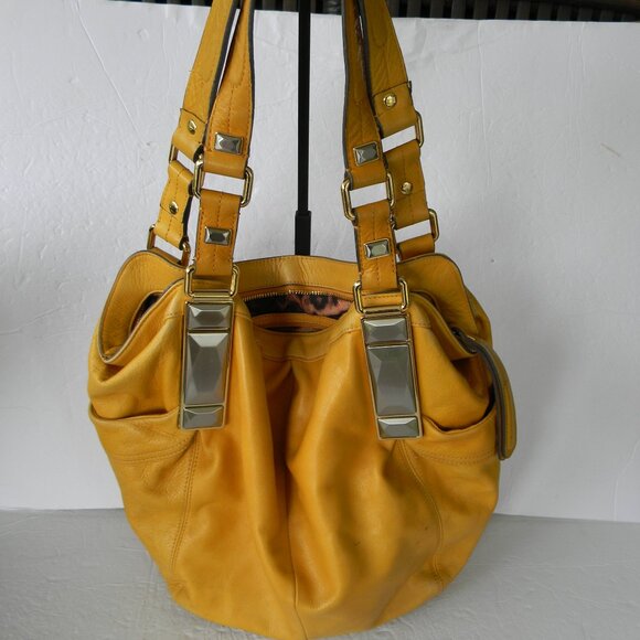 B MAKOWSKY GOLDEN MUSTARD YELLOW LARGE DOUBLE HANDLE LEATHER SHOULDER BAG FALL - Picture 1 of 9